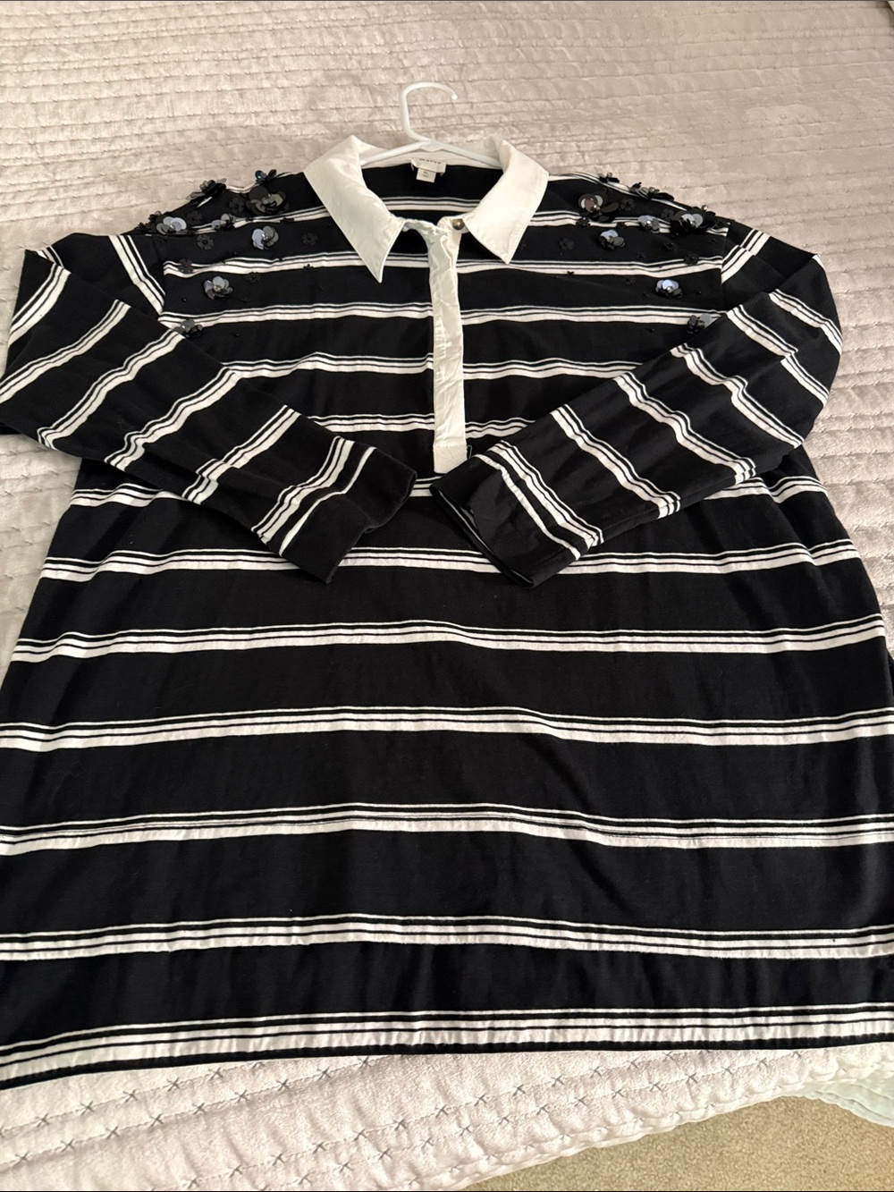 Maeve Black and White Striped Long Sleeve Polo Top